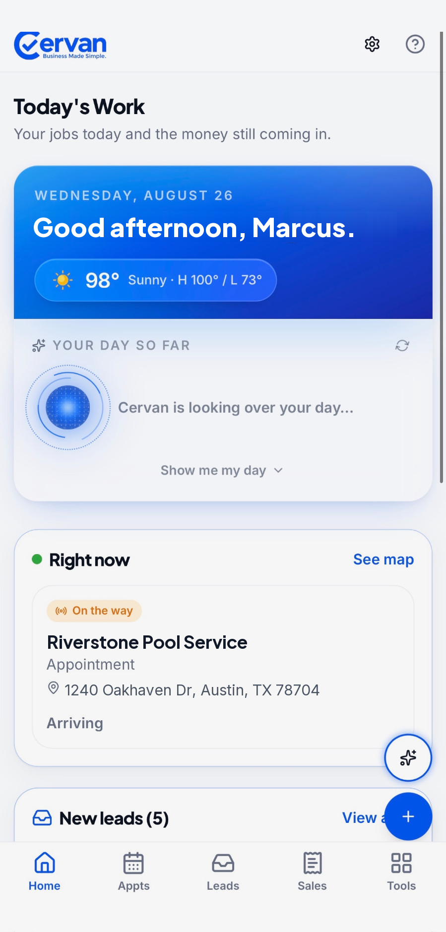 Cervan home screen showing today's jobs, weather and the daily briefing
