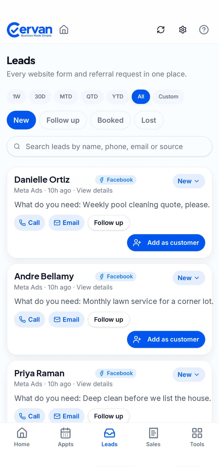 Cervan leads screen showing new Facebook leads with call and email actions