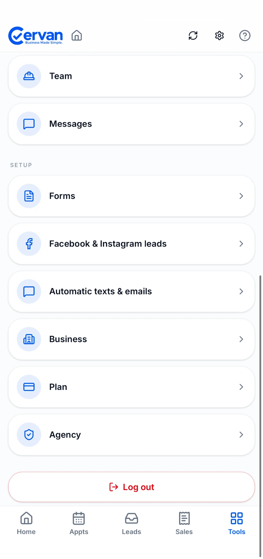 Cervan setup screen with forms, Facebook leads, automatic texts and plan settings