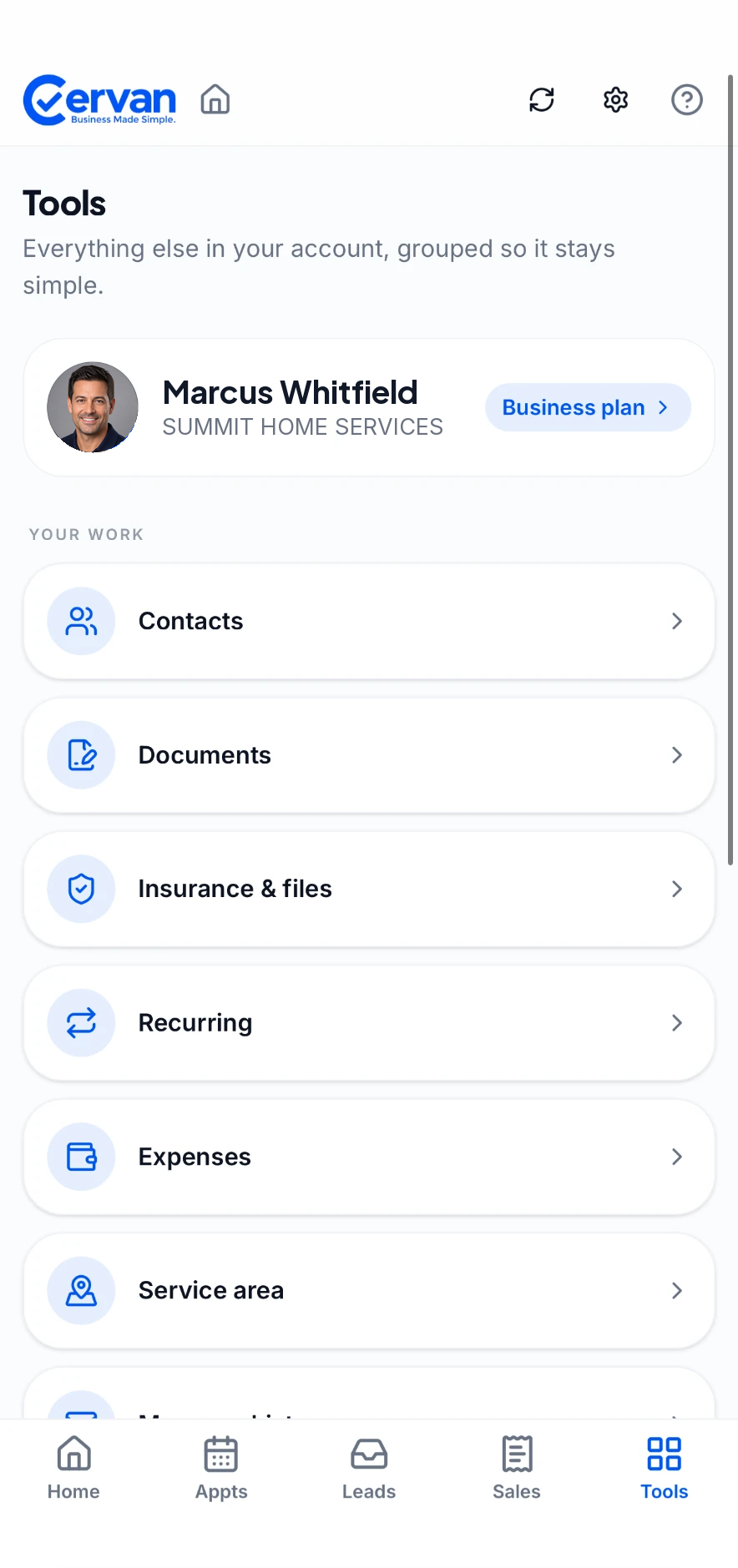 Cervan tools screen listing contacts, documents, recurring work and expenses